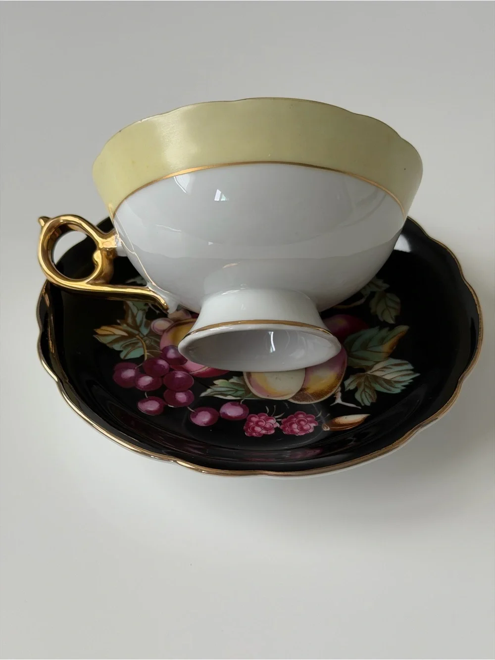 Japan Royal Sealy Vintage Porcelain Black & Gold Fruit Motif Teacup & Saucer Set